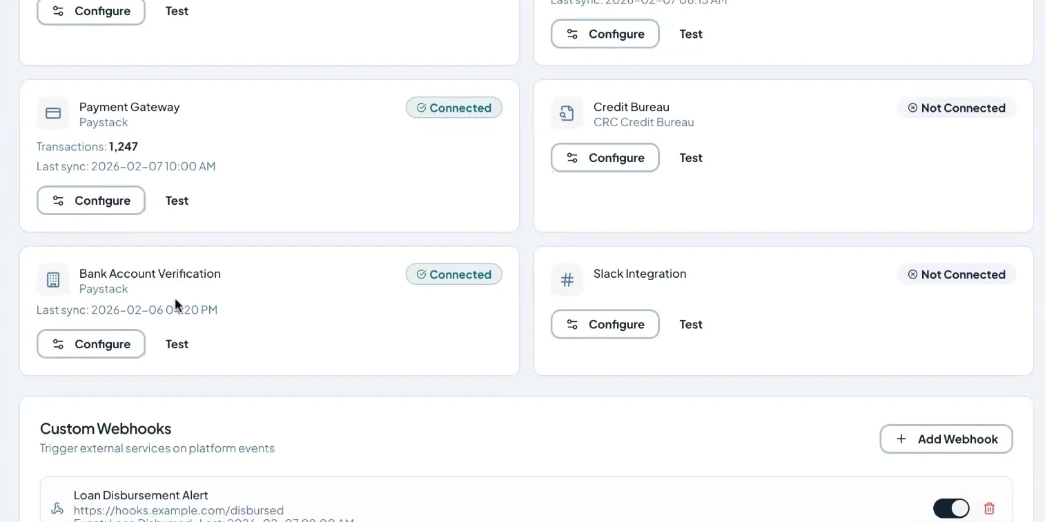 Integrations for payments, credit bureau and bank verification